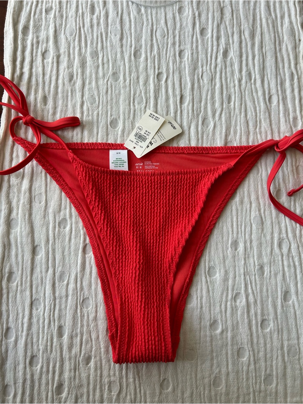 aerie Bright Red Textured Bikini Bottom with Tie Details